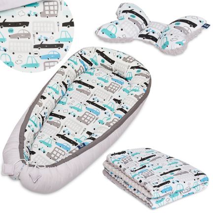 Ensemble 3 en 1: Kokon + Couverture pour bébé + Poduszka Motyl - Voitures