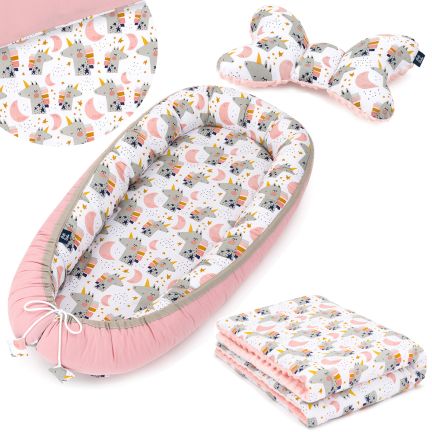 Ensemble 3 en 1: Nid de bébé + Couverture pour enfant + Oreiller de voyage - Licornes