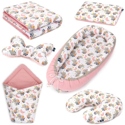 Ensemble 6in1 pour bébé : Nid de bébé + Couette + Oreiller + Oreiller de tête + Sac de couchage à emmailloter + Oreiller d'allaitement - Licornes