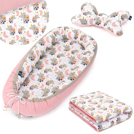 Ensemble 3 en 1: Nid de bébé + Couette pour bébé + Oreiller de voyage - Licornes