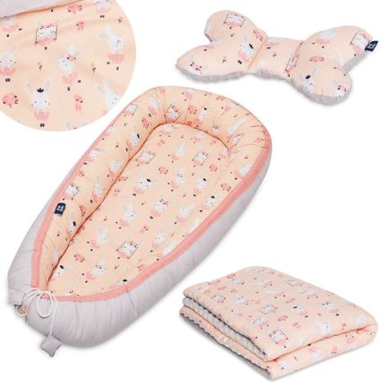 Ensemble 3 en 1: Kokon + Couverture pour bébé + Poduszka Motyl - Lapins