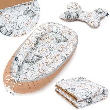 Ensemble 3 en 1: Nid de bébé + Couette pour bébé + Oreiller de voyage - Safari